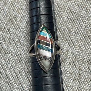 Vtg Signed Zuni 925 Sterling Silver Multi-Color Inlay Stone Ring Sz 7.5-8
